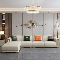 a modern living room with white couches and pillows