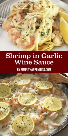 shrimp in creamy garlic wine sauce with lemons