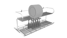 an image of a dish rack with many plates and cups in it on a white background