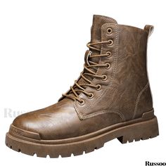 Russoo - Stylish Mens Combat Boots: Casual Lace-up Footwear with Preppy Army-Inspired Design Casual Fitted Martin Boots For Spring, Casual Winter Martin Boots, Casual Fitted Lace-up Boots For Fall, Fitted Casual Lace-up Boots For Fall, Fitted Casual Lace-up Boots For Spring, Casual Fitted Brown Lace-up Boots, Casual Fitted Lace-up Boots, Mens Combat Boots, Style Combat Boots