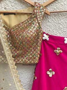 Hot Pink Lehenga, Gold Dupatta, Hot Pink Skirt, Border Fabric, Pink Lehenga, Gold Blouse, Dupatta Set, Gold Border, Indian Aesthetic