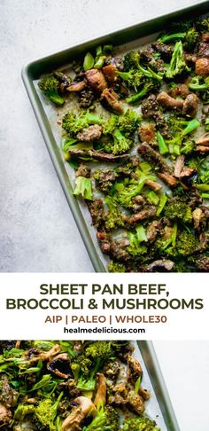 sheet pan beef broccoli and mushrooms with text overlay