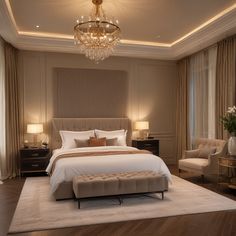 a bedroom with a large bed and chandelier