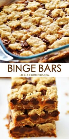 three different images of food that include bars and chocolate chip cookie bars, with the words binge bars above them