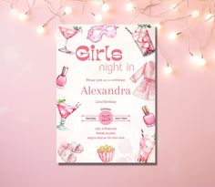 Girl Night Invitation - Girls Night In Invitation - Girls Night Birthday - Girls Night Out - Pamper Party - Sleep Over Party - Easy To Edit  **How it works** -Purchase- After purchase visit your ETSY account and click on the PDF file.Click the link and go to CANVA -Edit Yourself- Edit the CANVA template. At the description of each template you will find what is editable. When you have finished editing the template click SHARE and DOWNLOAD and save the JPG file.   -Share- Share it with your friends and family via text message or attach to an Email. ENJOY! ** What you will receive** After your purchase you will receive a PDF file with a CANVA link where you can access and edit your template and detailed instruction. PLEASE note this is a digital download NO physical product will be mail to y Birthday Girls Night, Canva Edit, Girl Night, 21 Birthday, Pamper Party, Sleep Over, Sip N Paint, 21st Birthday, Girls Night Out