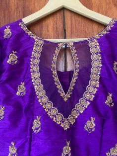 Purple Chanderi Blouse With Resham Embroidery, Purple Anarkali Chanderi Blouse, Purple Chanderi Blouse With Zari Work, Purple Art Silk Blouse With Resham Embroidery, Diwali Purple Blouse With Intricate Embroidery, Purple Bollywood Top With Zari Work, Purple Chanderi Wedding Blouse, Anarkali Blouse Piece With Dori Work In Purple, Bollywood Style Blouse Piece With Intricate Embroidery In Purple