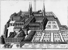 an old drawing of a large building with many gardens and buildings in the middle of it