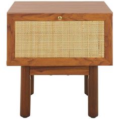 a small wooden table with a speaker on it's side and an open drawer in the middle