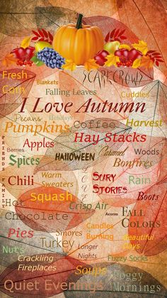 an autumn poster with words written in different languages and colors, including the word love autumn