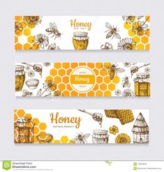 two honey banners with bees and honeycombs