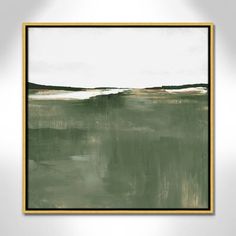 a painting hanging on the wall in a room with white walls and green flooring