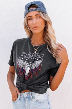 Freedom Eagle Distressed Tee Ripped Crew Neck Graphic Tee, Ripped Graphic Tee With Crew Neck, Casual Ripped T-shirt For Summer, Spring Graphic Tee With Distressed Details, Ripped Crew Neck Top For Summer, Ripped Relaxed Fit Summer Tops, Summer Ripped Relaxed Fit Top, Spring Crew Neck Ripped Tops, Casual Ripped Crew Neck Top