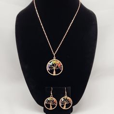 Tree Of Life Genuine Gemstones Pendant Necklace And Earrings. Rose Gold Tone Necklace 9in Long Charm 1.5in Earrings 1in Gemstones Pendant, Tree Of Life Jewelry, Earrings Rose Gold, Jewelry Tree, Gemstone Necklace Pendant, Gold Tone Necklace, Necklace And Earrings, Gemstone Pendant, Tree Of Life