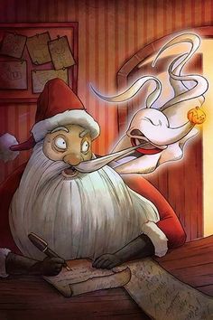 an animated santa claus is sitting in front of a door and looking at a mouse