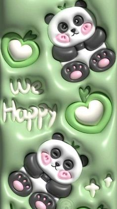 a panda bear with hearts and words on it's face is in a green box