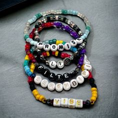 Beaded bracelets based on solo songs by Jimin of BTS. Mix and Match to create your perfect combination. Featuring Promise, Serendipity, Lie, Filter, and Vibe.  Closer Than This bracelets available here https://meekostreasures.etsy.com/listing/1640773945/closer-than-this-jimin-bts-beaded Face album bracelets available here https://meekostreasures.etsy.com/listing/1548785590/face-jimin-album-themed-beaded-bracelets Please keep in mind that colors may appear different due to individual screen setti Multicolor Round Beads Kpop Jewelry, Kpop Style Friendship Bracelets With Round Beads, Kpop Style Beaded Bracelets As Gift, Multicolor Kpop Jewelry For Friendship, Kpop Style Letter Beads Jewelry, Album Bracelets, Bts Accessories, Bead Jewellery, Bts Jimin