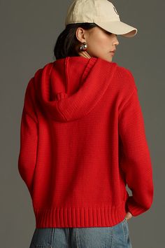 Add a touch of coziness to your close-knit circle when you wear the Michael Stars Jess Sweater Hoodie, a casual knit with ribbed detailing and a roomy front pouch pocket. | Jess Sweater Hoodie by Michael Stars in Red, Women's, Size: Medium, Cotton/Nylon at Anthropologie Knit Sweater With Pockets, Red Hoodie Sweater For Winter, Solid Color Sweater With Drawstring Hood And Cozy Fit, Cozy Fit Hooded Knit Sweater, Knit Sweater With Pockets For Loungewear, Hoodie Sweater With Pockets For Loungewear, Knit Sweater Coat With Ribbed Cuffs For Winter, Cold Weather Hoodie Sweater With Drawstring, Fall Hoodie Sweater With Ribbed Cuffs