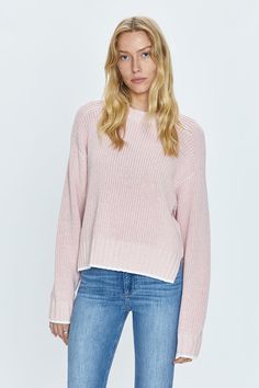 Adina Sweater - Icy Pink Pink Fall Sweater With Ribbed Cuffs, Fall Pink Sweater With Ribbed Cuffs, Pink Sweatshirt With Ribbed Collar For Spring, Pink Oversized Long Sleeve Cropped Sweater, Oversized Pink Cropped Long Sleeve Sweater, Oversized Pink Long Sleeve Cropped Sweater, Trendy Pink Cropped Sweater With Ribbed Cuffs, Pink Crew Neck Cropped Sweater For Fall, Pink Cropped Sweater With Ribbed Cuffs For Spring