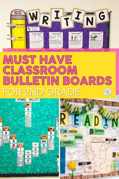 classroom bulletin boards with words and pictures on them