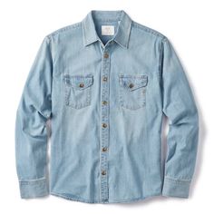 Distressed to perfection, this denim shirt is well-worn and wears well Medium Wash Stonewashed Cotton Tops, Casual Light Wash Pre-washed Tops, Faded Washed Casual Shirt, Casual Faded Washed Shirt, Stonewashed Medium Wash Cotton Tops, Classic Light Wash Denim Shirt, Classic Distressed Cotton Denim Jacket, Light Wash Casual Washed Shirt, Distressed Light Wash Denim Top