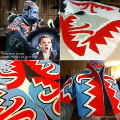 four different pictures of the same person in front of an image of a dragon on a blanket