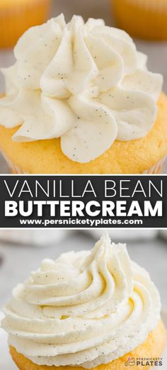 vanilla bean buttercream cupcakes with whipped cream on top