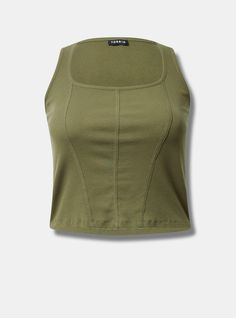 FIT Model is 5'10” wearing size 1. . Measures 23” from shoulder (size 2). Corset silhouette. MATERIALS + CARE Cotton-modal blend ribbed knit fabric. 57% cotton, 38% modal,5% spandex. Machine wash cold. Tumble dry low. . Imported. DETAILS Square neckline. Sleeveless. The best plus size women's cotton modal rib square neck corset tank bustiers & corsets in olivine made of cottonmodalrib. Corset Silhouette, Neck Corset, Disney Leggings, Shoes For Leggings, Shopping Day, Bustiers, Square Necklines, Cami Tanks, Corsets