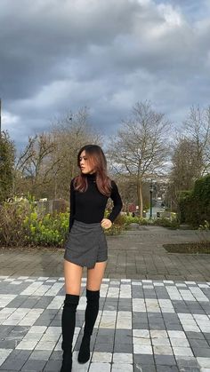 Black Skirt Cute Outfits, High Knee Boots Outfit Dresses, Above The Knee Socks Outfit, Long Sock Boots Outfit, Summer Vegas Outfit Night, Skorts Skirts Outfit Winter, Outfit Inspo With Boots, Over The Knee Sock Boots Outfit, Boots Stockings Outfit