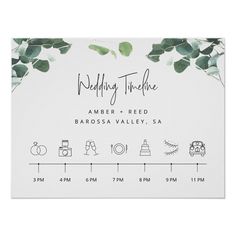 the wedding time line is displayed in front of a white background with green leaves on it