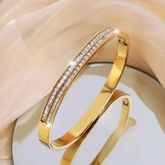 Brand New Women's Diamond & Gold Bangle Bracelet 14k Gold Plated Sterling Silver Genuine 2ct Brilliant Cut Lab Created Diamonds 7" - The Most Common Women's Size Retail Price $350 Buy With Confidence From A Top Rated Seller With A 99%+ Feedback Rating! A0300 (Id-1387) Diamond Accented Bangle Bracelet For Anniversary, Bangle Bracelet With Diamond Accents For Anniversary, Elegant Gold Plated Diamond Bracelet For Anniversary, Dazzling Yellow Gold Bangle For Anniversary, Anniversary Bangle Bracelet With Diamond Accents, Dazzling Diamond Bangle Bracelet For Anniversary, Gold Bangle Bracelet With Diamond Accents For Anniversary, Elegant 14k Gold Jewelry With Channel Set, Gold Cuff Bracelet With Diamond Accents For Anniversary