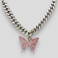 Pink butterfly rhinestones crystals silver plated choker necklace Pink Rhinestone Clavicle Chain Necklace, Pink Butterfly Necklace Gift, Elegant Pink Butterfly Necklace, Glamorous Pink Rhinestone Necklace, Pink Heart-shaped Rhinestone Necklace, Cuban Chain, Pink Butterfly, Crystal Rhinestone, Snug Fit