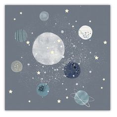 an art print with planets and stars in the sky, on a gray wallpaper background