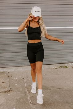 - These chic shorts are better than your average pair! - Unlined stretchy material with a ribbed texture - A wide waistband - A form fitting silhouette that ends in straight hemlines - Can comfortably fit up to an XL. Summer Ribbed Athleisure Crop Top, Athleisure Ribbed Crop Tank Top, Athleisure Crop Top With Built-in Shorts, Black Ribbed Sporty Crop Top, Ribbed Fitted Cropped Activewear, Cute Workout Outfits, Ribbed Crop Top, Wide Waistband, Biker Shorts