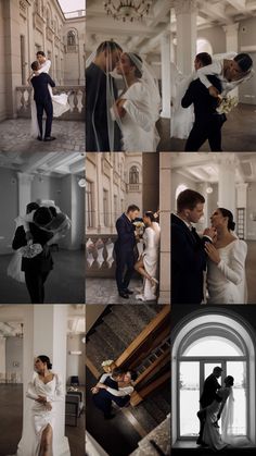 a collage of photos with people dressed in white and black, one is kissing the other