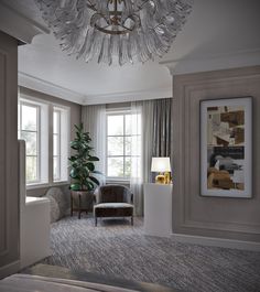 a living room filled with furniture and a chandelier hanging from the ceiling next to a window