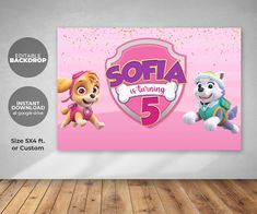 a pink poster with the words sofia is turning 5 and an image of two cartoon dogs