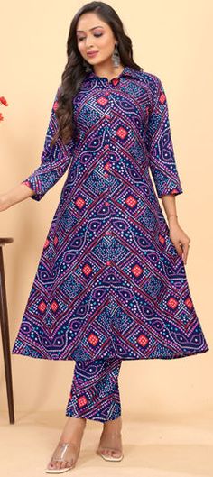 Blue color Salwar Kameez in Rayon fabric with Bandhej, Printed work Blue Straight Kurta With Dupatta, Blue Straight Kurta With Digital Print, Blue Digital Print Straight Kurta, Anarkali Blue Kurta With Pallu, Blue Anarkali Kurta With Pallu, Blue Kurta With Dupatta For Navratri, Blue Digital Print Sets For Navratri, Bollywood Style Blue Dupatta With Digital Print, Bollywood Style Blue Digital Print Dupatta