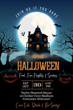 a halloween party flyer with an image of a house and bats