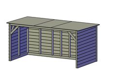 an outdoor storage shed with the door open to reveal it's side wall and roof