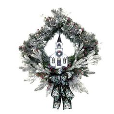 a christmas wreath with a church in the middle and trees around it on a white background