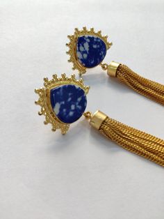 Royal Blue Stone Earrings with Beautiful Tassel Drops. Specifications: Brass Handmade Dyed Stone - Royal Blue Gold Plated Party - Wedding - Holiday Earrings Hypoallergenic Nickel & Lead-free Royal Blue Earrings, Dangle Earrings Wedding, Long Gold Earrings, Earrings Hypoallergenic, Holiday Earrings, Royal Blue And Gold, Holiday Earring, Drop Dangle Earrings, Earrings Wedding