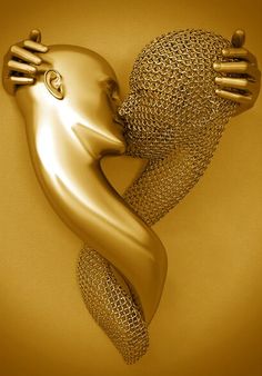 a gold sculpture with hands on it's face and arms around the head, in front of a yellow background