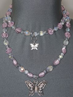 This necklace is fabulous and pretty. It has 2 metal butterfly pendants, pink glass and iridescent acrylic beads.The necklace adjusts from 16 1/2" to 19" long and has a lobster claw closure. First strand length: 16", Second strand length: 22". Please view the modeled photographs so you can more accurately judge the length.Recommended you remove this necklace before showering or any water activities.*This is a one-of-a-kind piece and will not be recreated.* Pink Butterfly Necklace For Party, Adjustable Beaded Butterfly Necklace, Handmade Pink Butterfly Necklace, Glass Bead Necklaces, Pastel Necklace, Iridescent Acrylic, Y2k Jewelry, Beaded Jewlery, Metal Butterfly