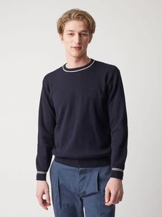 This soft crewneck with short sleeves is made in pure cotton. The collar and different colors make it ideal for different look and event Long sleeves With collar Pure cotton Made in Italy Composition: 100% CO. Code: AADDIS/P4500-2002 Classic Cotton T-shirt, Navy Cotton Sweater For Work, Cotton Crew Neck T-shirt With Ribbed Collar, Cotton Crew Neck Top With Ribbing, Classic Crew Top With Ribbed Collar, Cotton Ribbed Crew Neck Sweater, Classic Short Sleeve Cotton Sweater, Navy Cotton Crew Neck Sweater, Cotton Crew Neck Sweater For Work