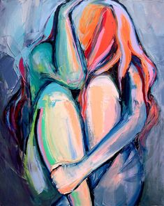 a painting of two people hugging each other