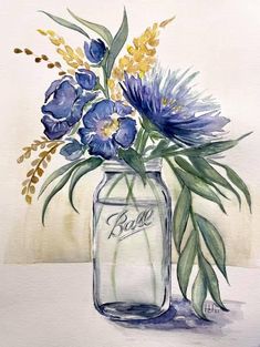 a painting of blue flowers in a mason jar