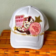 Foam, Snap Back Trucker Hat Perfect For The Music Festival Or Concert. Mulitple Embroidered, Iron-On Patches Adorn The Trendy Hat With A Removable Hand Beaded Hat Chain. Cowgirl Gift Ideas, Trucker Hat Patches, Custom Hat Ideas, Patches On Hats, Business Merch, Emoji Hat, Fancy Boutique