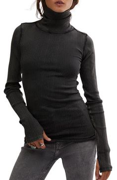 A scrunched turtleneck and soft ribbing adds to the cozy vibes of this long-sleeve top finished with thumbhole cuffs for added warmth. Turtleneck Long sleeves with thumbhole cuffs 96% cotton, 4% elastane Machine wash, dry flat Imported Rib Top, Thumb Holes, Nordstrom Store, Signature Design, Black Fits, Free People, Long Sleeve Tops, Turtle Neck, Nordstrom