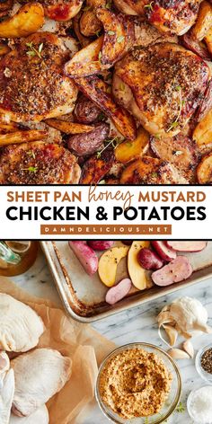 "A must-try main course idea! Made with crispy potatoes in a sweet and savory honey mustard sauce, this baked chicken recipe is a family-friendly dinner. Enjoy this Sheet Pan Honey Mustard Chicken and Potatoes
 today!" Honey Mustard Chicken And Potatoes, Mustard Chicken And Potatoes, Mustard Chicken Recipes, Delicious Meal Prep, Chicken And Potatoes, Honey Mustard Chicken, Best Honey, Honey Mustard Sauce, Mustard Chicken