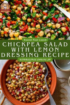 chickpea salad with lemon dressing recipe in a bowl and on the side is a spoon